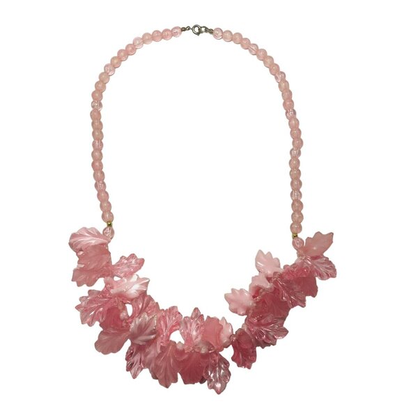 Pink Molded Lucite Leaf Frosted Bead Runway Couture Necklace 24”